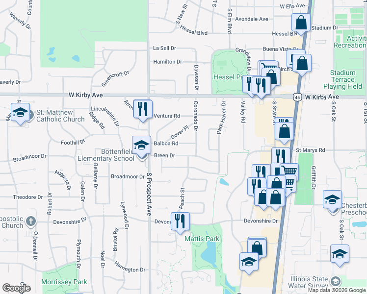 map of restaurants, bars, coffee shops, grocery stores, and more near 704 Balboa Drive in Champaign