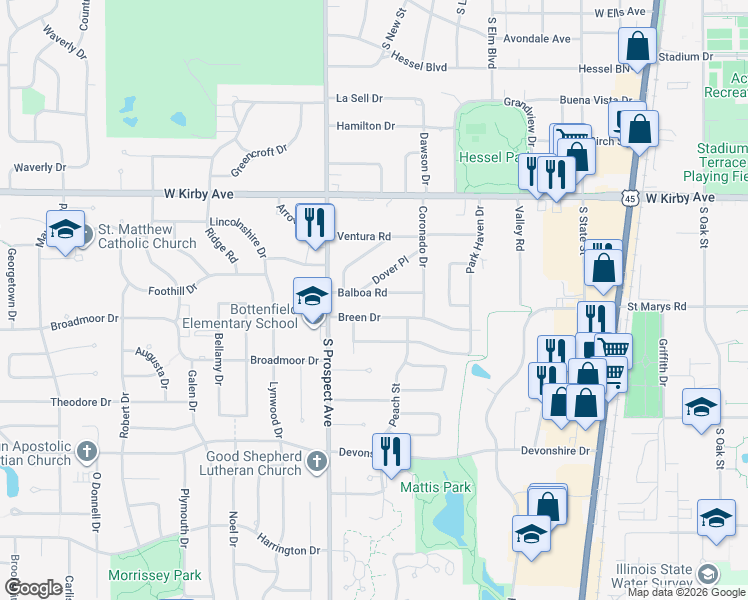 map of restaurants, bars, coffee shops, grocery stores, and more near 720 Balboa Drive in Champaign