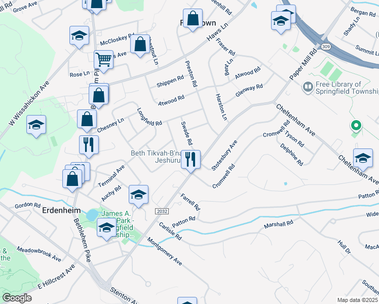 map of restaurants, bars, coffee shops, grocery stores, and more near 705 Swade Road in Erdenheim