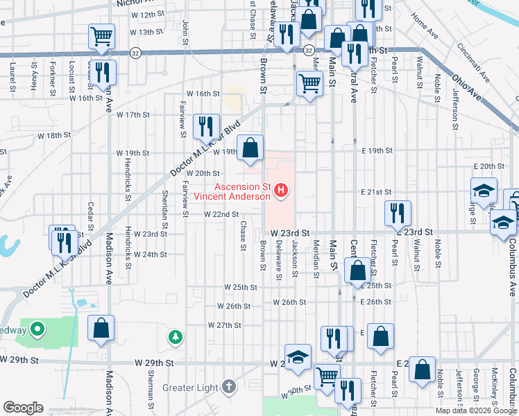 map of restaurants, bars, coffee shops, grocery stores, and more near 2121 Brown Street in Anderson