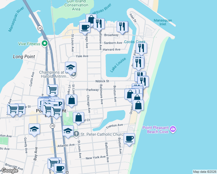 map of restaurants, bars, coffee shops, grocery stores, and more near 111 Parkway in Point Pleasant Beach