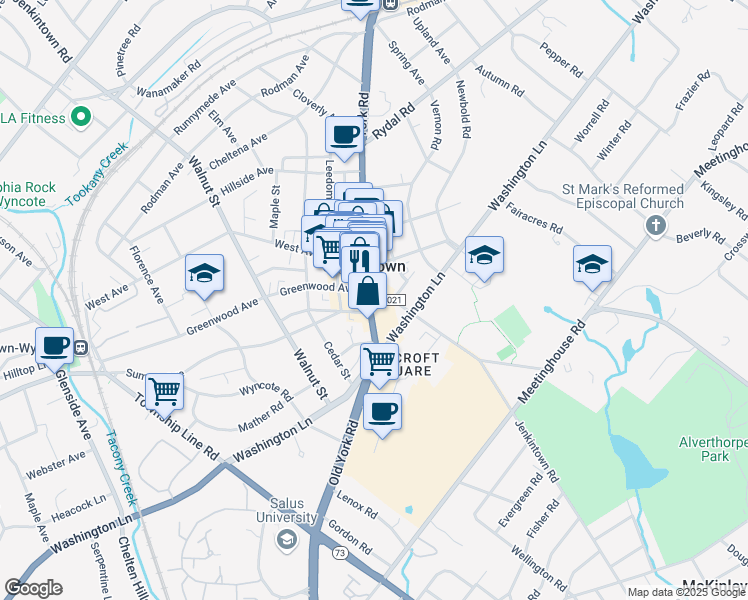 map of restaurants, bars, coffee shops, grocery stores, and more near 212 Old York Road in Jenkintown