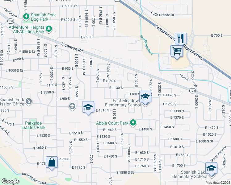 map of restaurants, bars, coffee shops, grocery stores, and more near 1166 South 1920 East in Spanish Fork