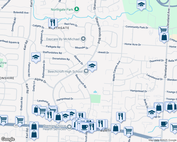map of restaurants, bars, coffee shops, grocery stores, and more near 6100 Beechcroft Road in Columbus