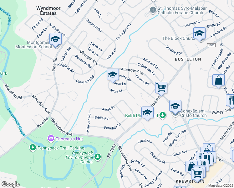 map of restaurants, bars, coffee shops, grocery stores, and more near 8926 1/2 Alicia Street in Philadelphia