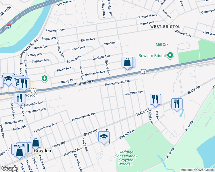 map of restaurants, bars, coffee shops, grocery stores, and more near 2010 Pennsylvania Avenue in Croydon
