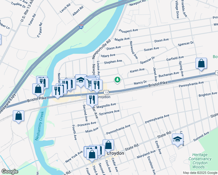 map of restaurants, bars, coffee shops, grocery stores, and more near 909 Bristol Pike in Croydon