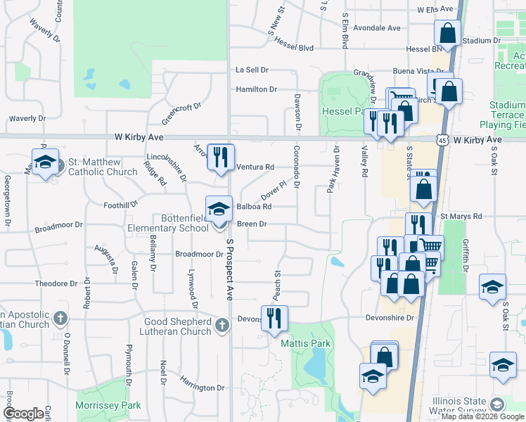 map of restaurants, bars, coffee shops, grocery stores, and more near 720 Balboa Drive in Champaign