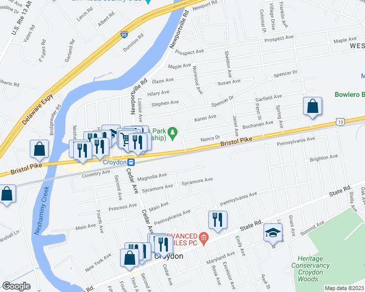 map of restaurants, bars, coffee shops, grocery stores, and more near 101 Dorset Avenue in Croydon