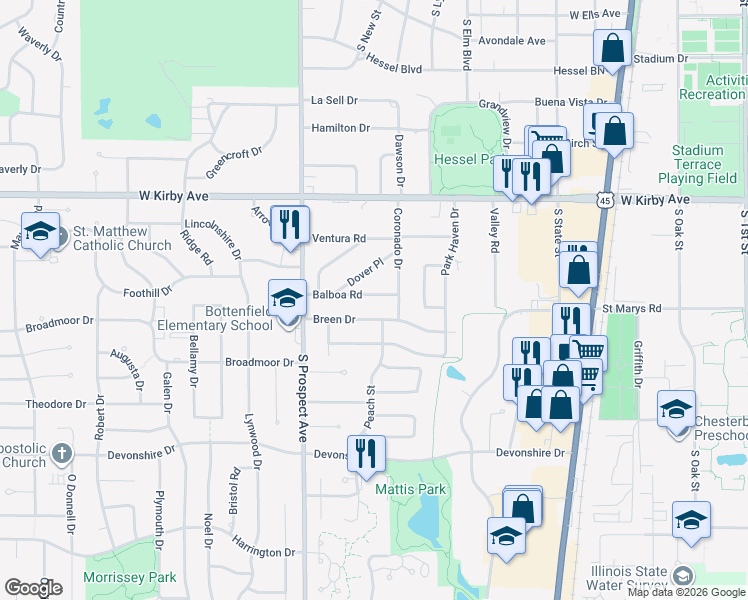 map of restaurants, bars, coffee shops, grocery stores, and more near 704 Balboa Drive in Champaign