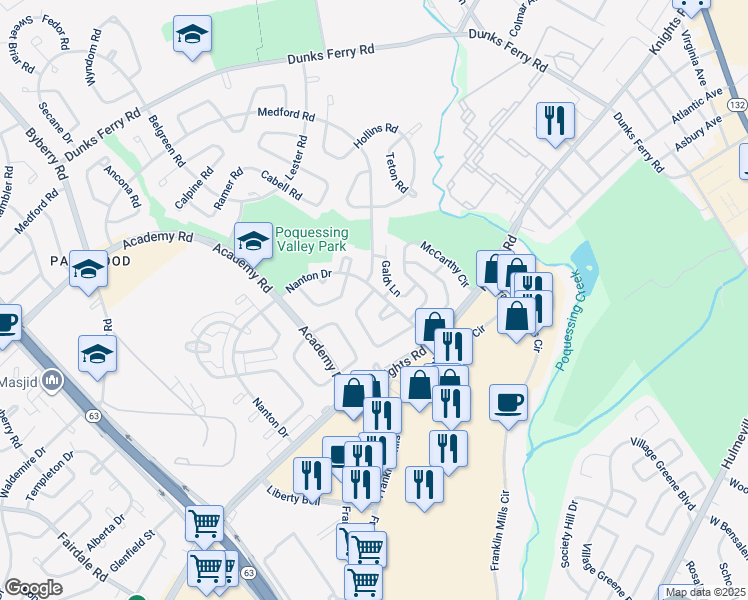 map of restaurants, bars, coffee shops, grocery stores, and more near 3705 Westhampton Drive in Philadelphia