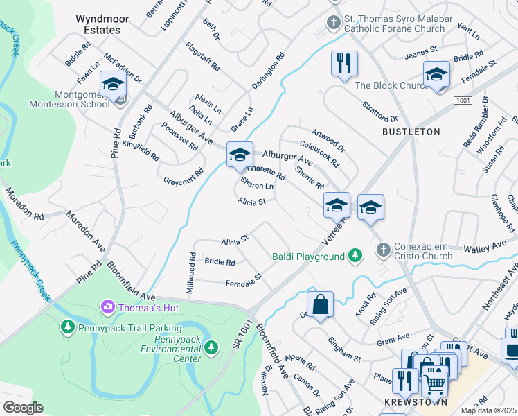 map of restaurants, bars, coffee shops, grocery stores, and more near 8928 1/2 Alicia Street in Philadelphia