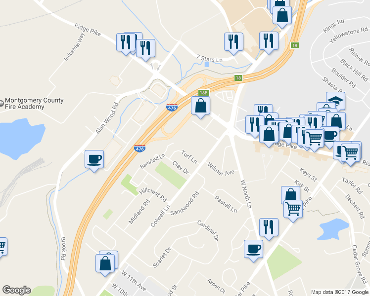 map of restaurants, bars, coffee shops, grocery stores, and more near 620 Turf Lane in Conshohocken