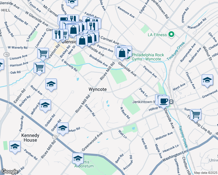 map of restaurants, bars, coffee shops, grocery stores, and more near 204 Hewett Road in Wyncote