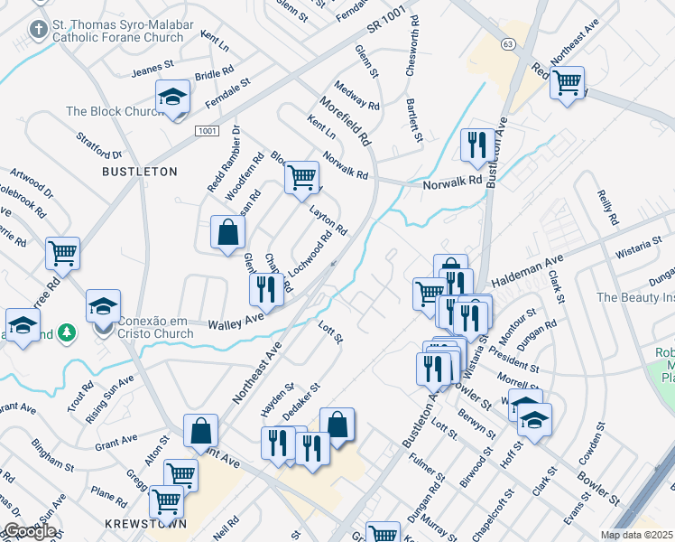 map of restaurants, bars, coffee shops, grocery stores, and more near 9739 Krewstown Road in Philadelphia
