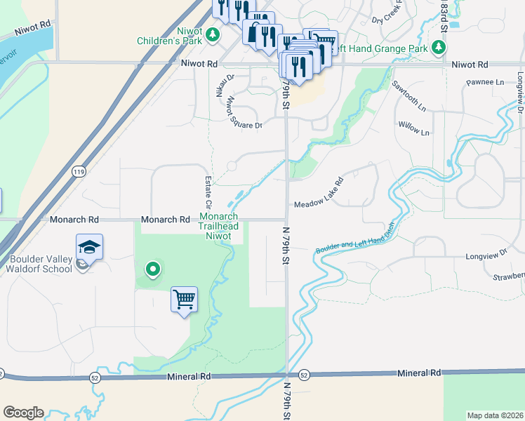 map of restaurants, bars, coffee shops, grocery stores, and more near 7845 Monarch Road in Longmont