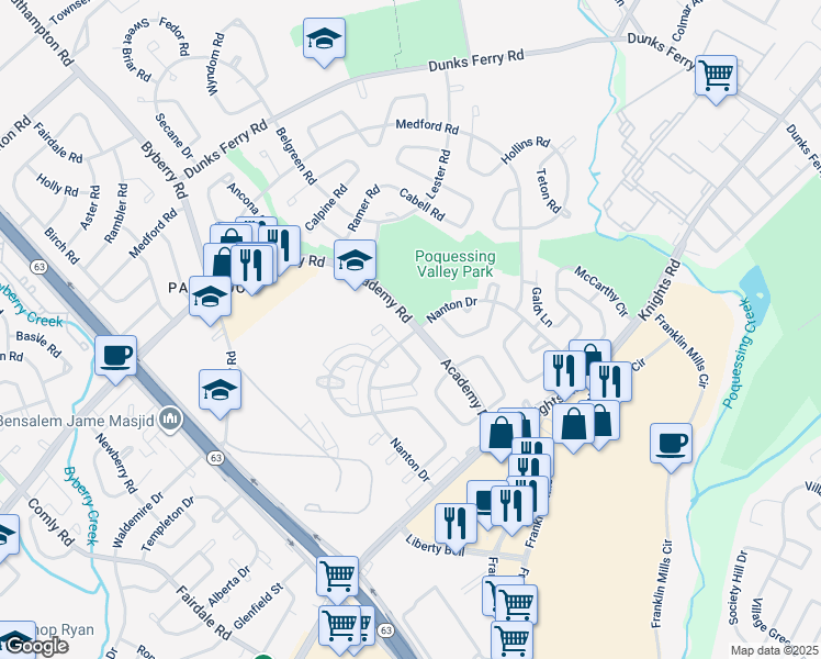 map of restaurants, bars, coffee shops, grocery stores, and more near 12590 Nanton Drive in Philadelphia