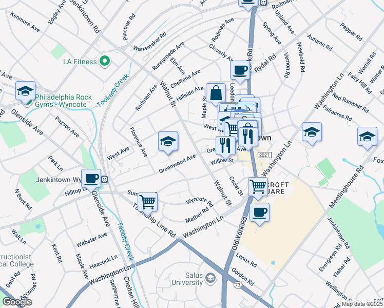 map of restaurants, bars, coffee shops, grocery stores, and more near 325 Greenwood Avenue in Jenkintown