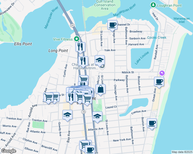 map of restaurants, bars, coffee shops, grocery stores, and more near 301-1/2 Cooks Lane in Point Pleasant Beach