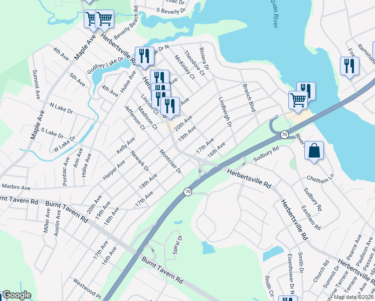 map of restaurants, bars, coffee shops, grocery stores, and more near 380 Herbertsville Road in Brick Township