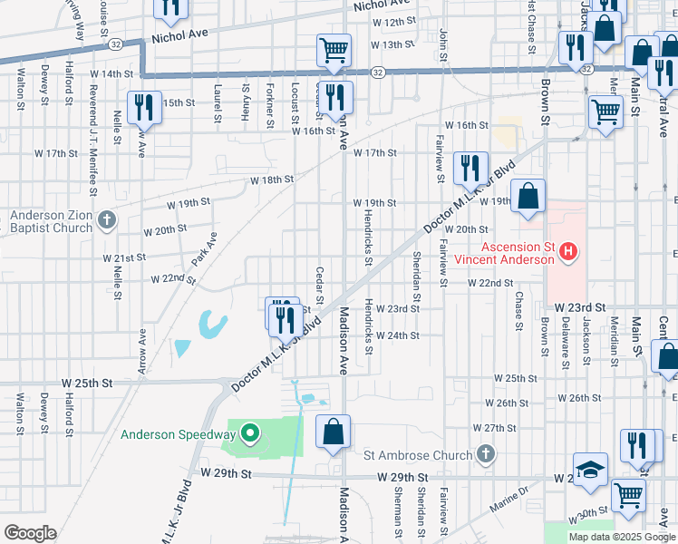 map of restaurants, bars, coffee shops, grocery stores, and more near in Anderson