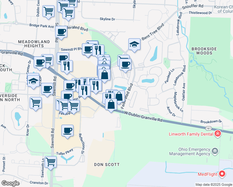map of restaurants, bars, coffee shops, grocery stores, and more near 3500 Trillium Crossing in Columbus