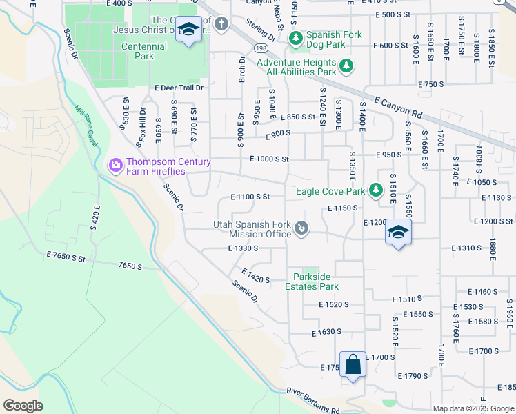 map of restaurants, bars, coffee shops, grocery stores, and more near 1002 1000 East in Spanish Fork