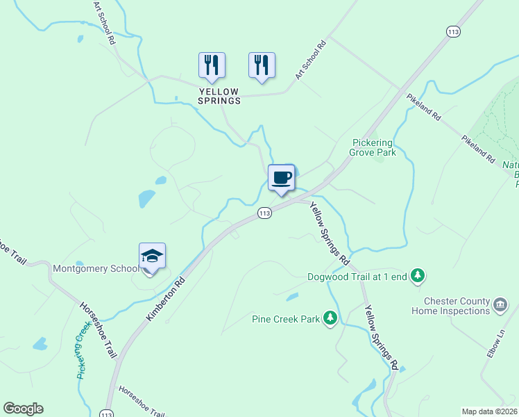 map of restaurants, bars, coffee shops, grocery stores, and more near 1255 Kimberton Road in Chester Springs