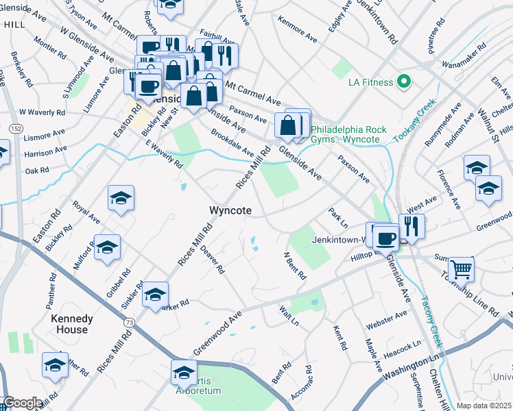 map of restaurants, bars, coffee shops, grocery stores, and more near 204 Hewett Road in Wyncote