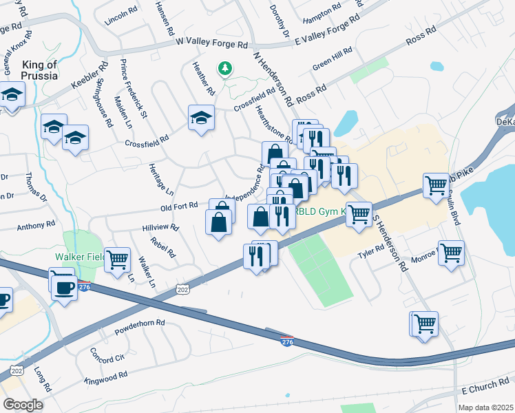 map of restaurants, bars, coffee shops, grocery stores, and more near 250 Tanglewood Lane in King of Prussia