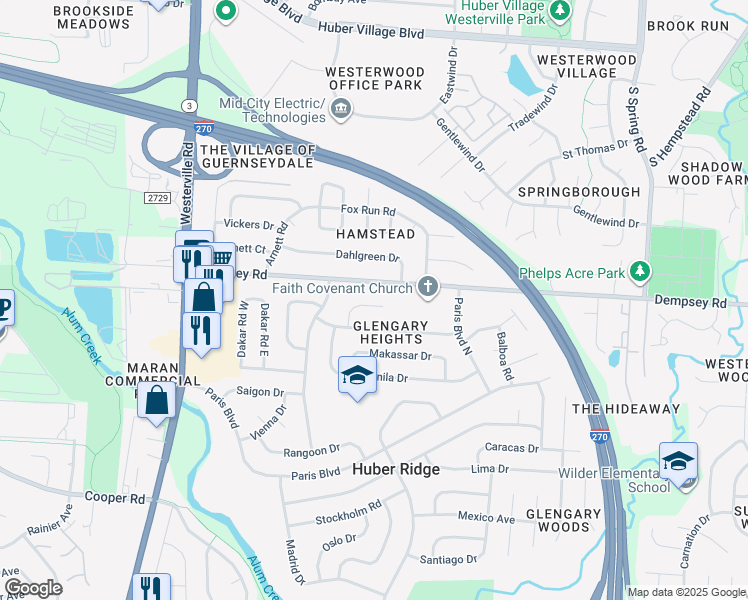 map of restaurants, bars, coffee shops, grocery stores, and more near 3515 Dempsey Road in Westerville