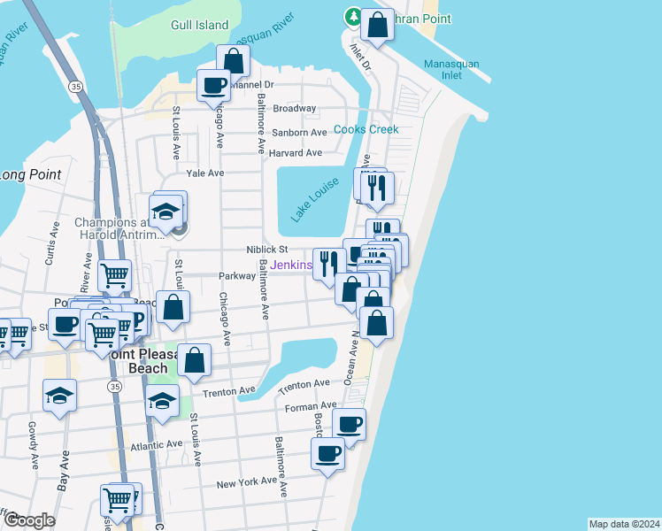 map of restaurants, bars, coffee shops, grocery stores, and more near 25 Parkway in Point Pleasant Beach