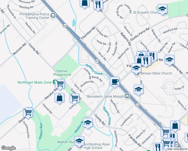 map of restaurants, bars, coffee shops, grocery stores, and more near 11814 Basile Road in Philadelphia