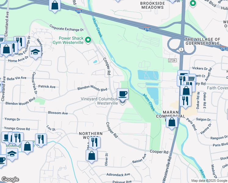 map of restaurants, bars, coffee shops, grocery stores, and more near 6075 Cooper Woods Drive in Westerville