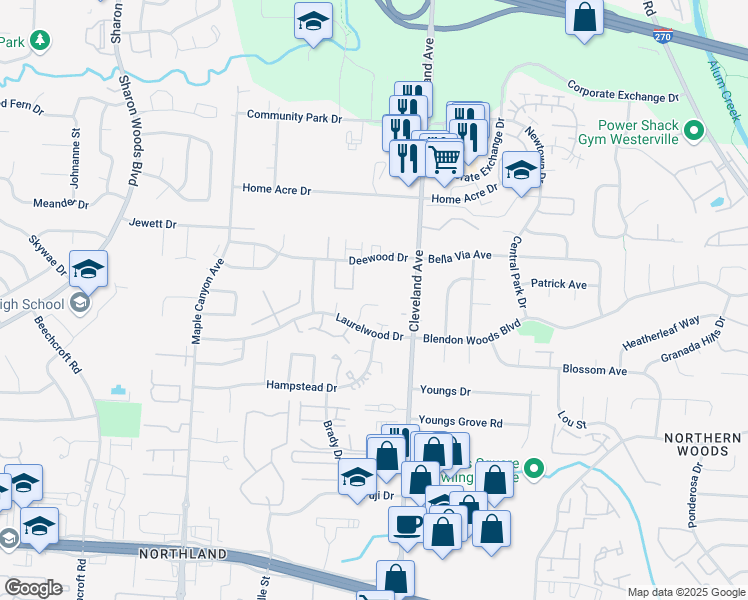 map of restaurants, bars, coffee shops, grocery stores, and more near 6031 Cleveland Avenue in Columbus