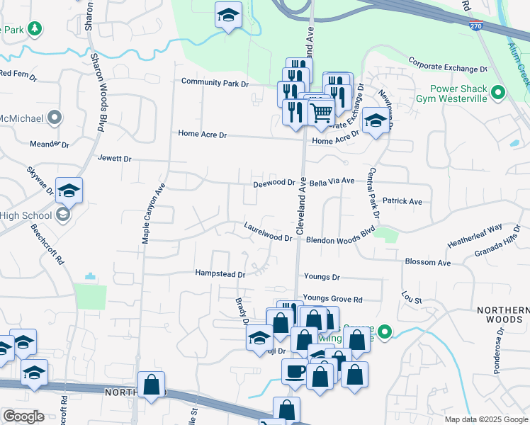 map of restaurants, bars, coffee shops, grocery stores, and more near 6149-6155 Laurelwood Court in Columbus
