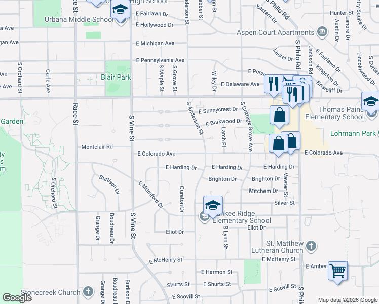 map of restaurants, bars, coffee shops, grocery stores, and more near 610 East Colorado Avenue in Urbana