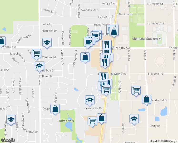 map of restaurants, bars, coffee shops, grocery stores, and more near 1837 Fox Drive in Champaign