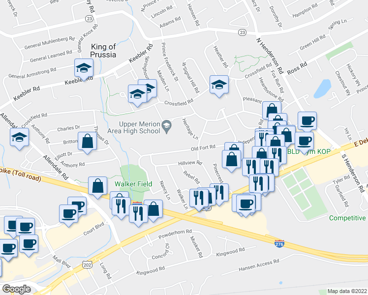 map of restaurants, bars, coffee shops, grocery stores, and more near 418 Old Fort Road in King of Prussia