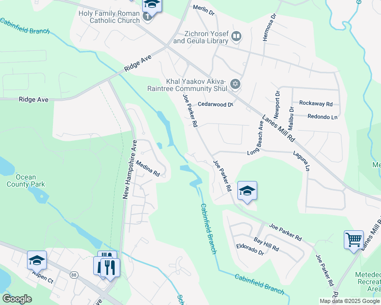 map of restaurants, bars, coffee shops, grocery stores, and more near 300 Joe Parker Road in Lakewood Township