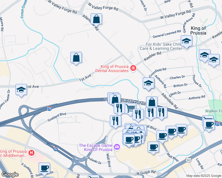 map of restaurants, bars, coffee shops, grocery stores, and more near 560 American Avenue in King of Prussia