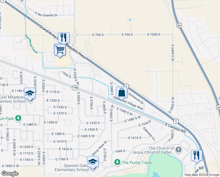 map of restaurants, bars, coffee shops, grocery stores, and more near 1146 South 2880 East in Spanish Fork
