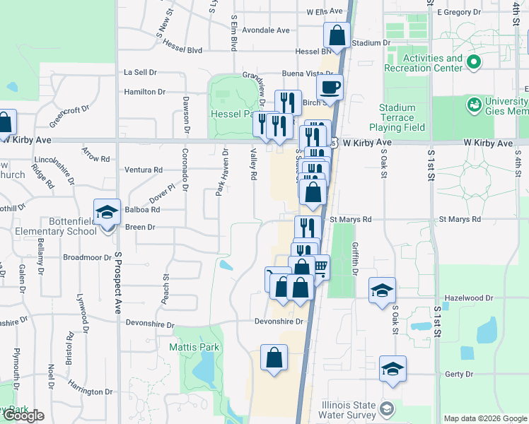 map of restaurants, bars, coffee shops, grocery stores, and more near 1837 Fox Drive in Champaign