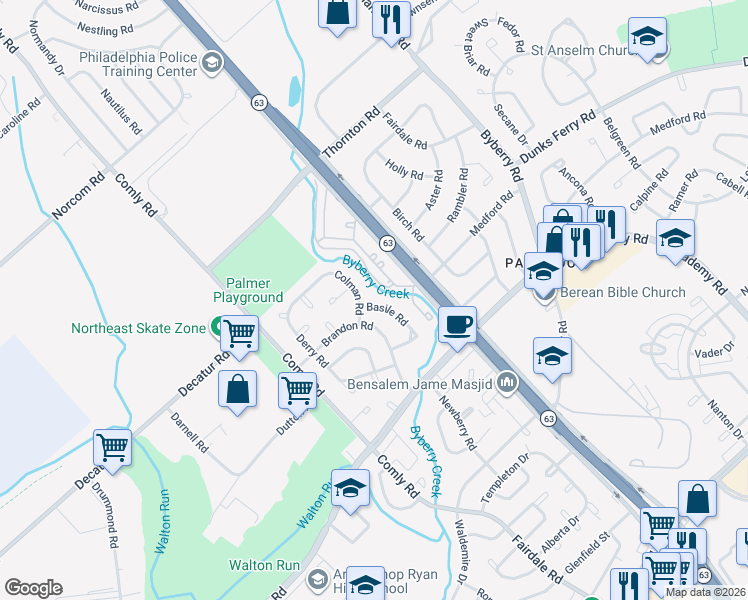 map of restaurants, bars, coffee shops, grocery stores, and more near 11814 Basile Road in Philadelphia