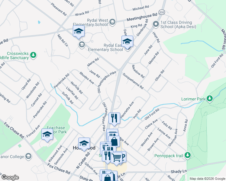 map of restaurants, bars, coffee shops, grocery stores, and more near 1032 Huntingdon Pike in Montgomery County