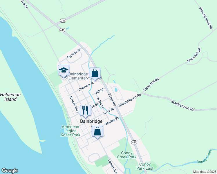 map of restaurants, bars, coffee shops, grocery stores, and more near 119 Skipjack Way in Bainbridge