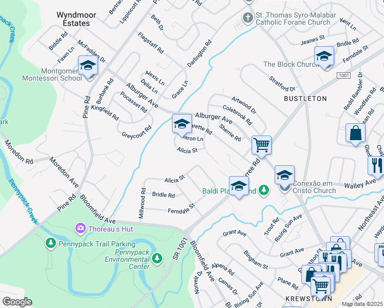 map of restaurants, bars, coffee shops, grocery stores, and more near 8928 1/2 Alicia Street in Philadelphia