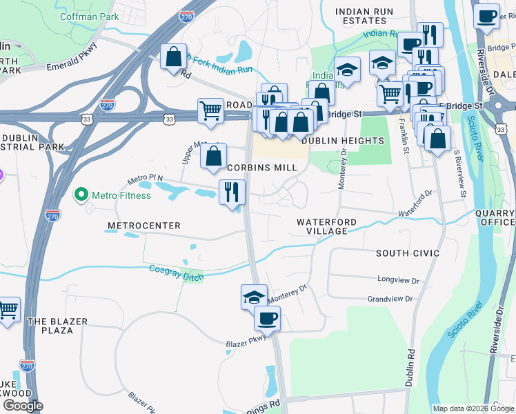 map of restaurants, bars, coffee shops, grocery stores, and more near 196 Corbins Mill Drive in Dublin