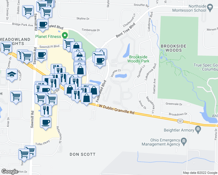 map of restaurants, bars, coffee shops, grocery stores, and more near 6840 Chateau Chase Drive in Columbus