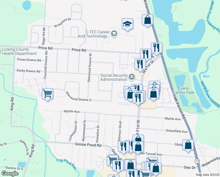 map of restaurants, bars, coffee shops, grocery stores, and more near 204 Upson Downs Road in Newark